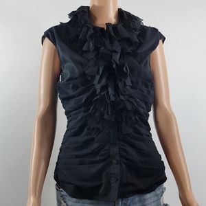 Catherine Malandrino Women's Black Button-Down Casual Ruffled Top